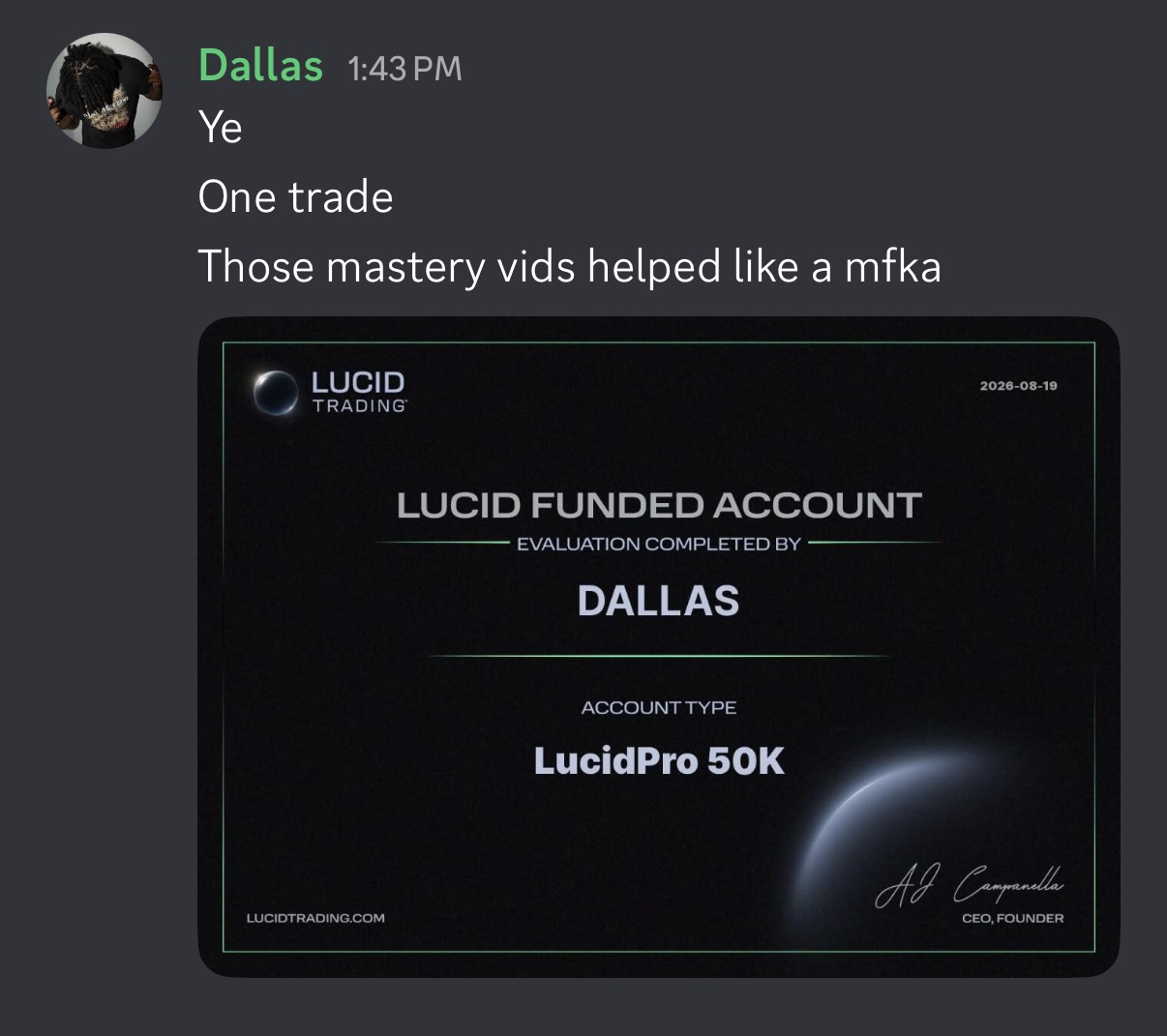Dallas’s shared Lucid funded account certificate and course feedback