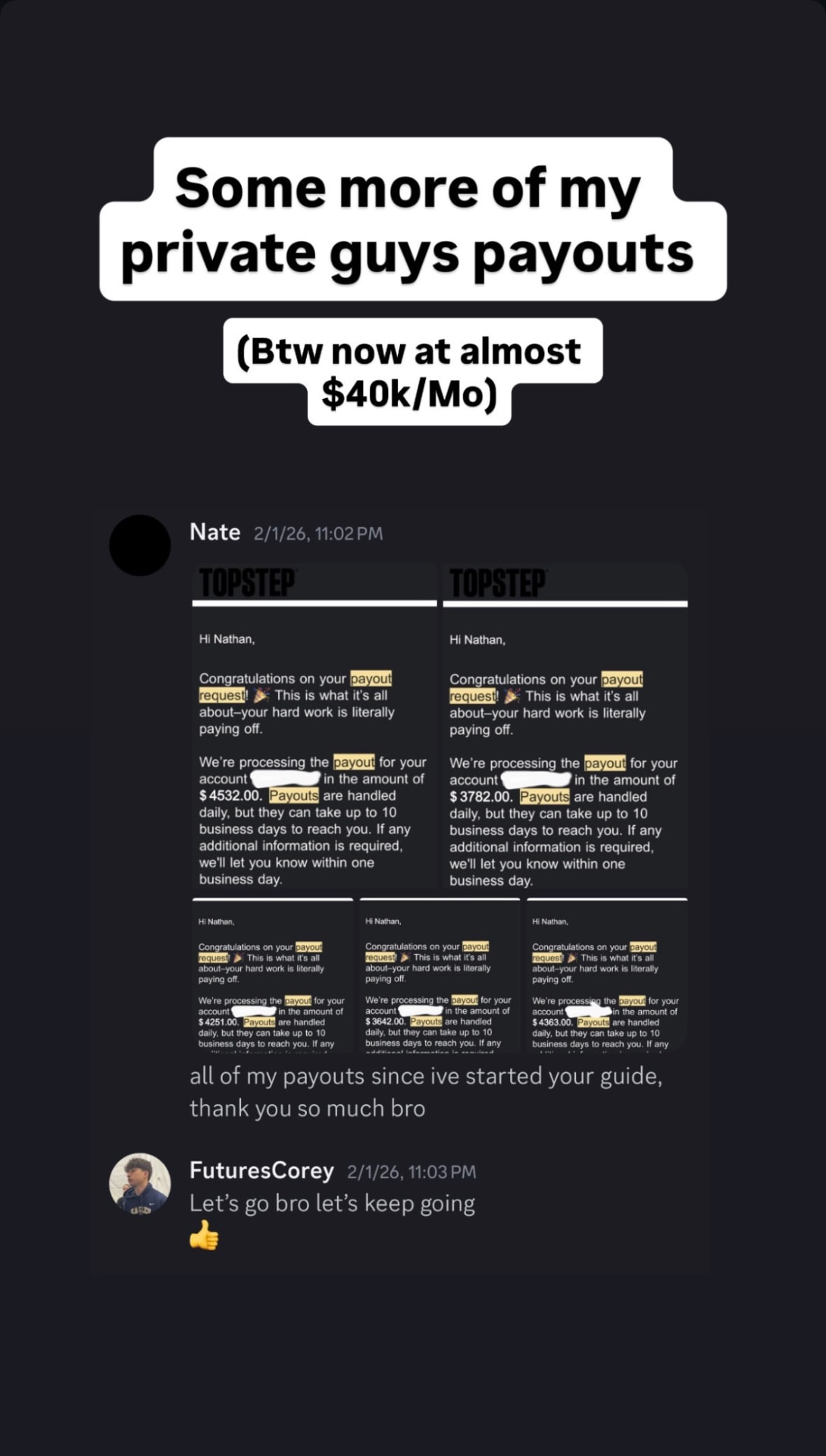 Nate’s shared Topstep payout confirmations and conversation with FuturesCorey